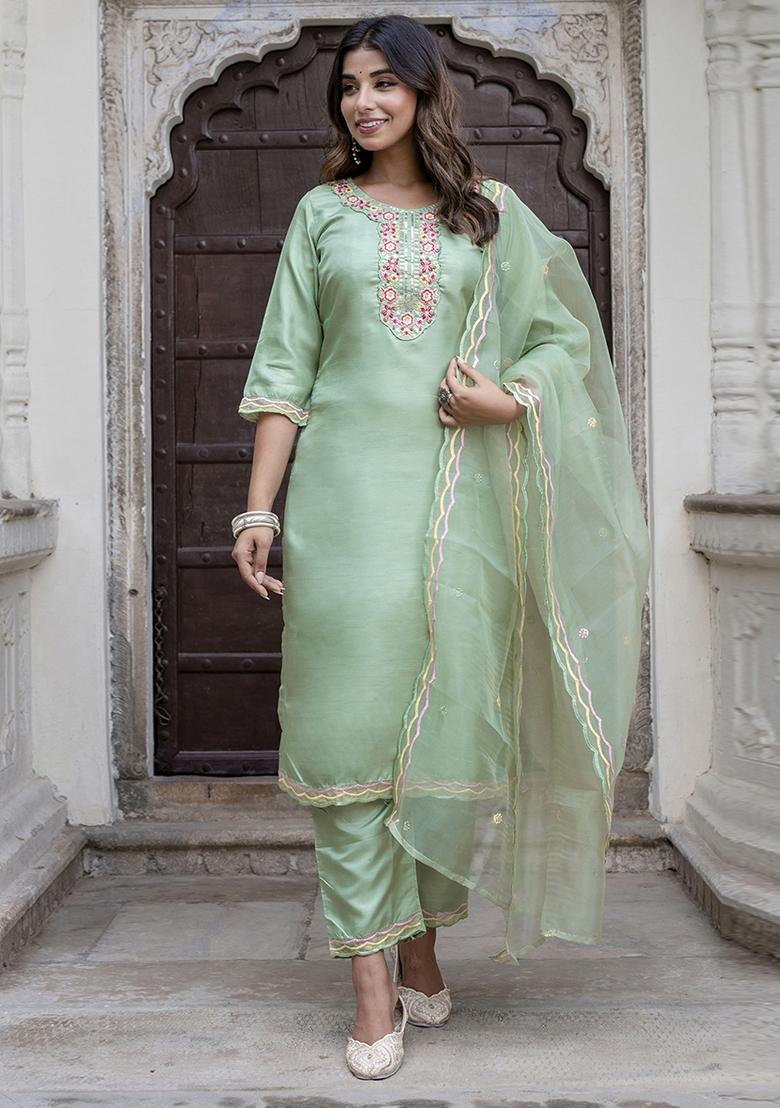 Pista Embroidered Silk Kurta Set - Indya