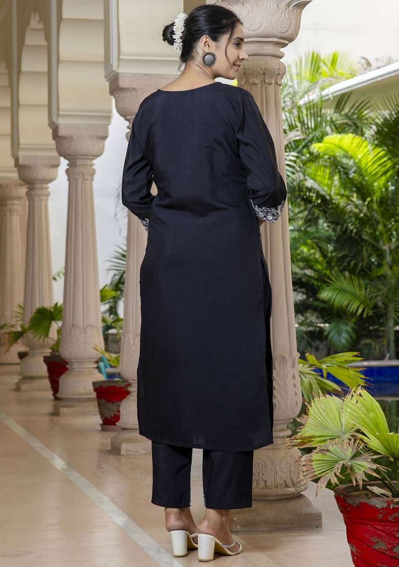 Black Printed Silk Kurta Set - Indya