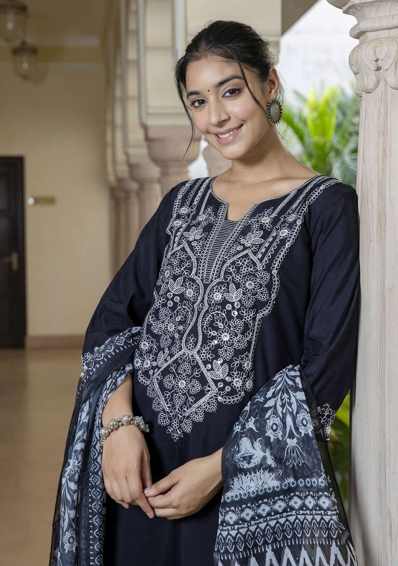 Black Printed Silk Kurta Set - Indya