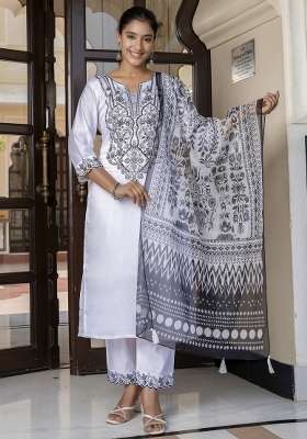 White Printed Silk Kurta Set