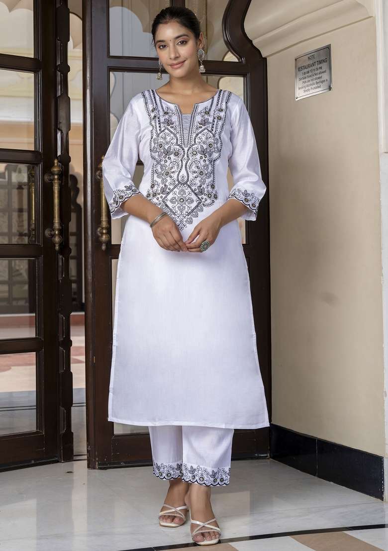 White Printed Silk Kurta Set - Indya