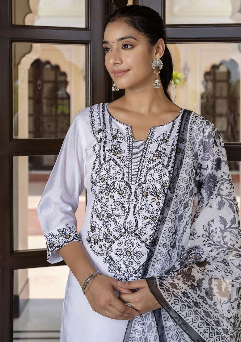 White Printed Silk Kurta Set - Indya