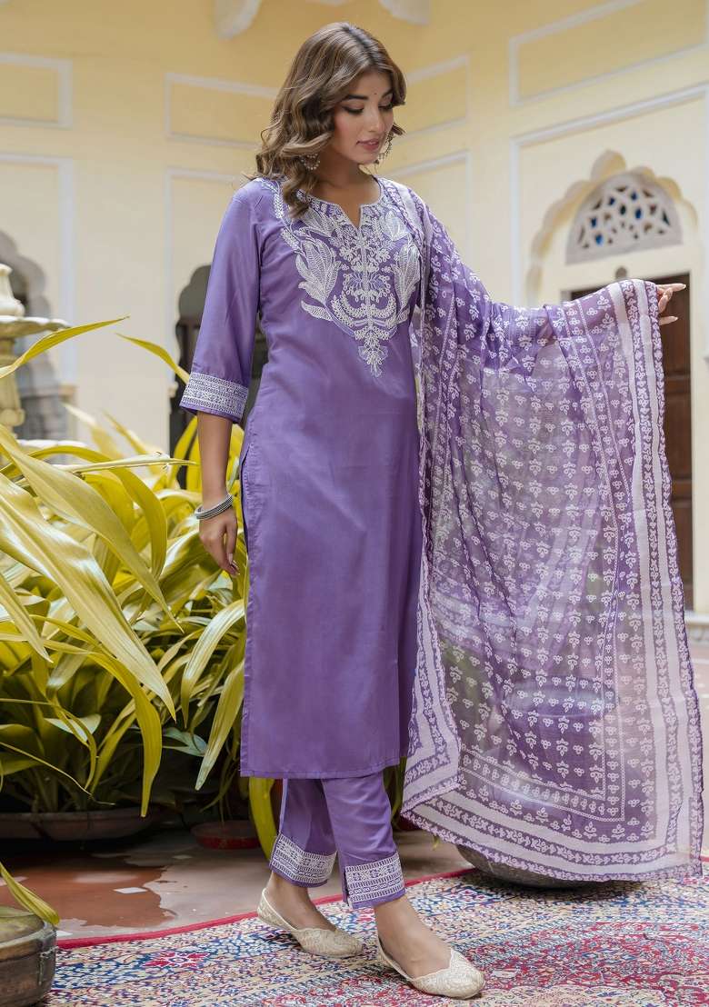 Purple Printed Silk Kurta Set - Indya