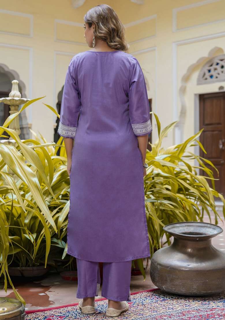 Purple Printed Silk Kurta Set - Indya