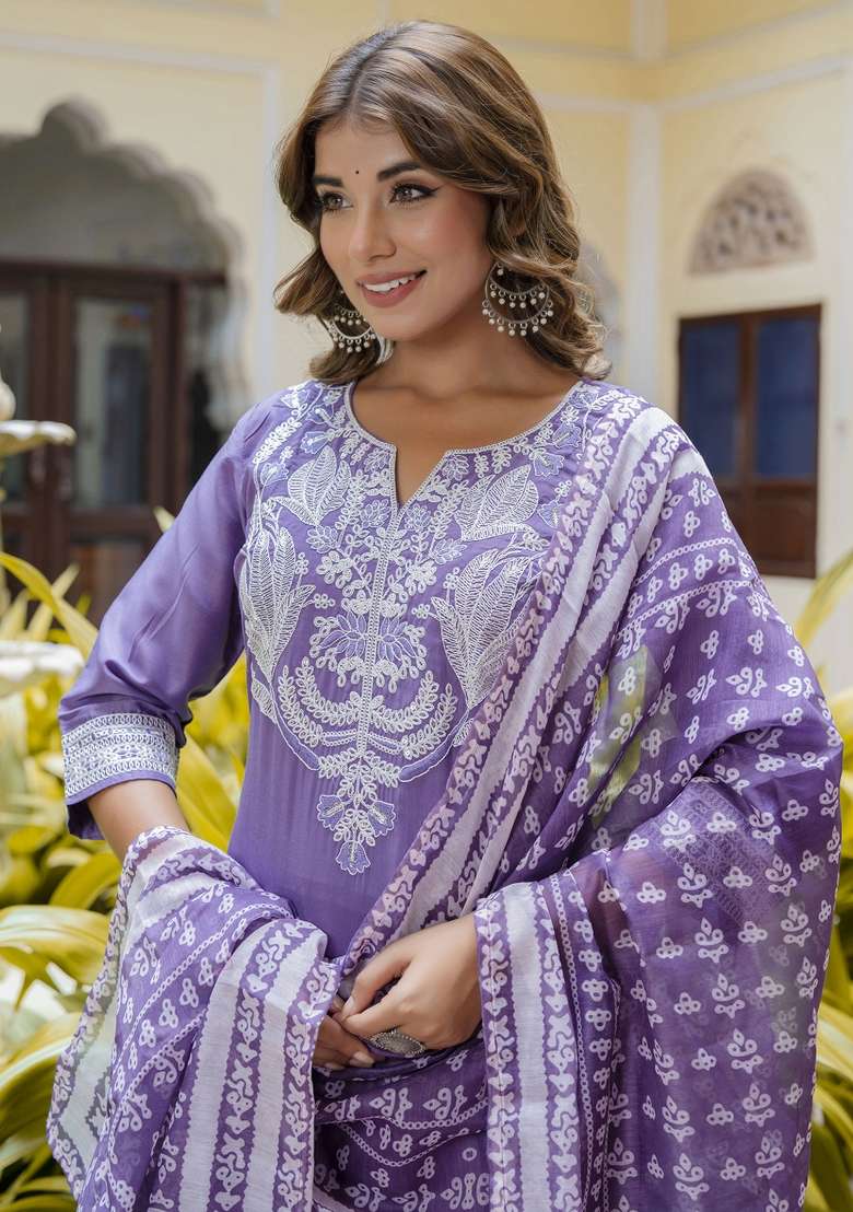 Purple Printed Silk Kurta Set - Indya
