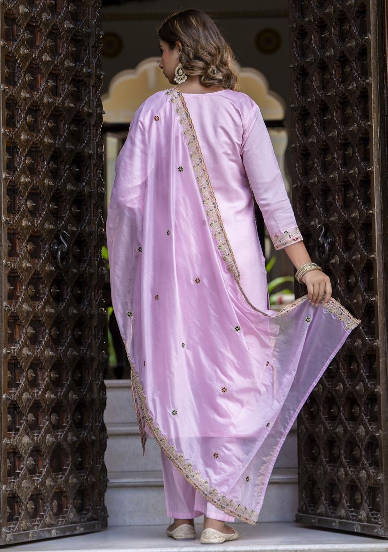 Light Pink Embroidered Silk Kurta Set - Indya