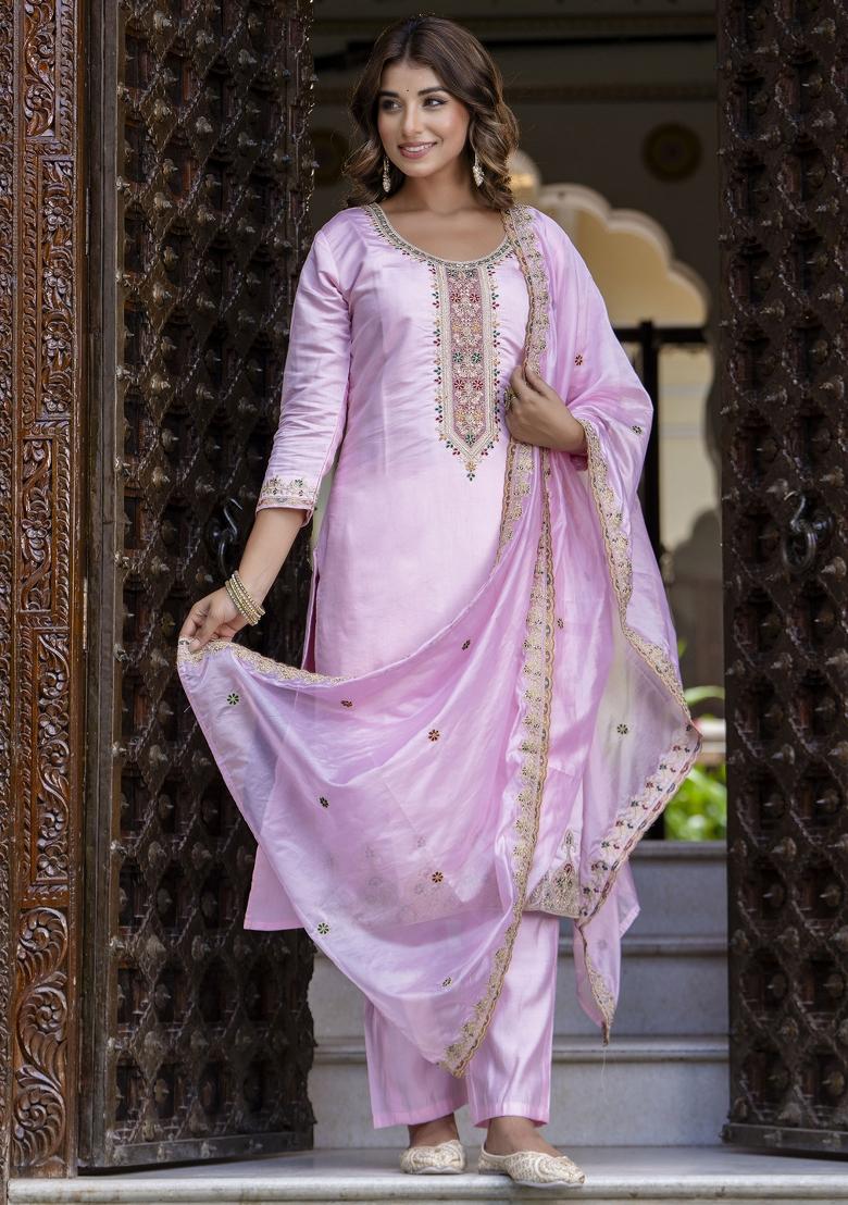 Light Pink Embroidered Silk Kurta Set - Indya