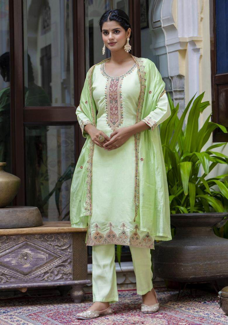 Pista Embroidered Silk Kurta Set - Indya