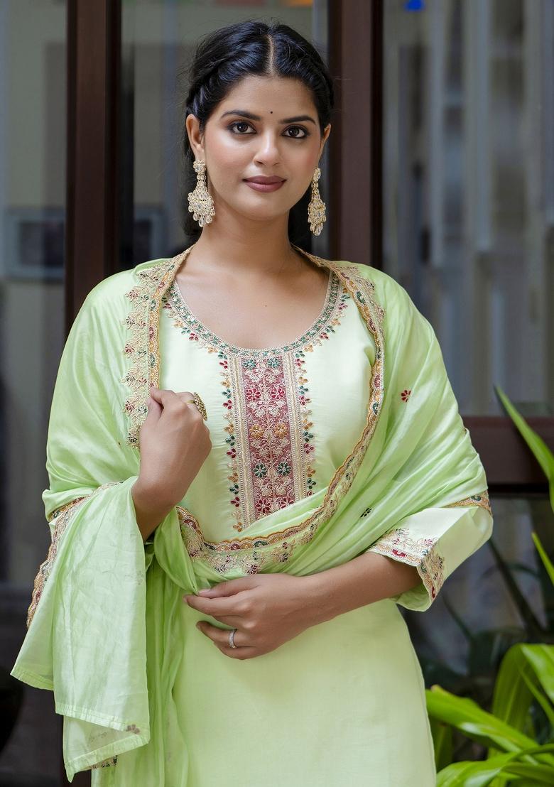 Pista Embroidered Silk Kurta Set - Indya