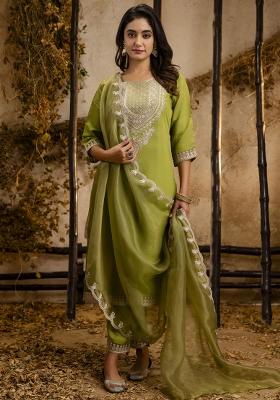 Pista Embroidered Silk Kurta Set
