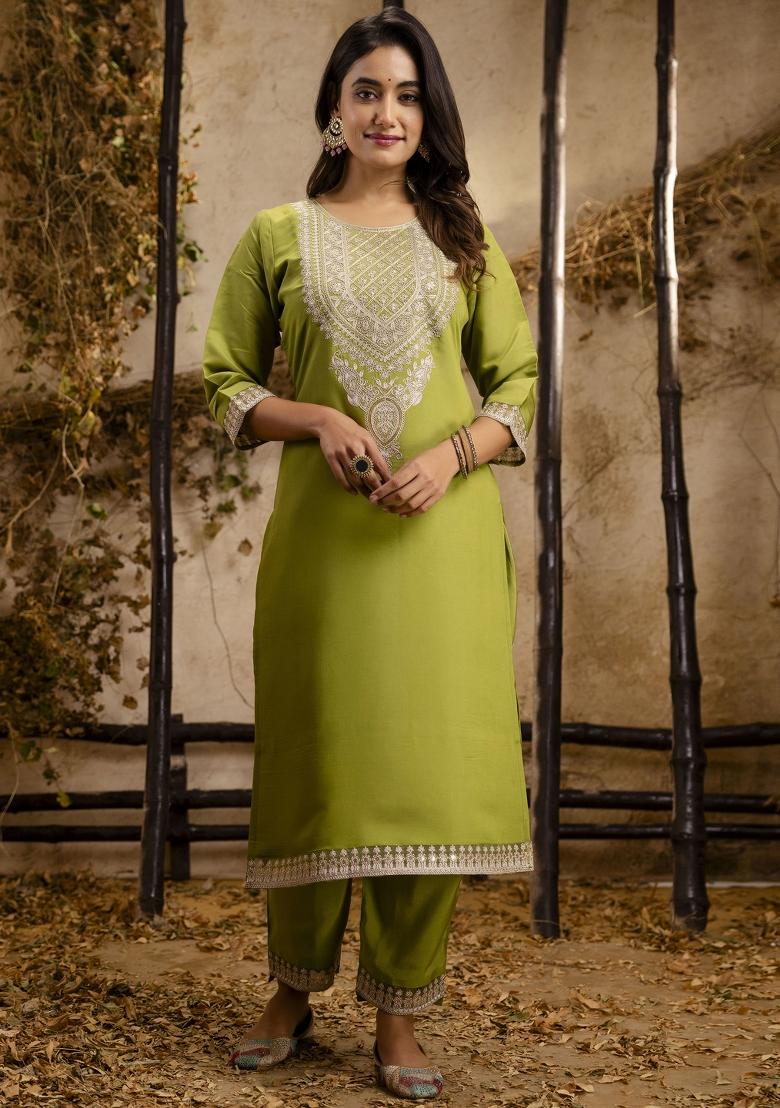 Pista Embroidered Silk Kurta Set - Indya