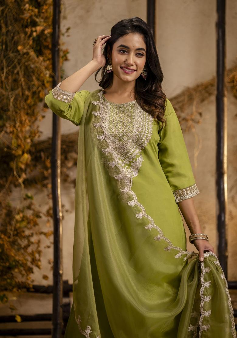 Pista Embroidered Silk Kurta Set - Indya