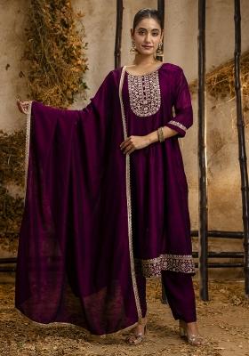 Purple Lace Work Silk Kurta Set