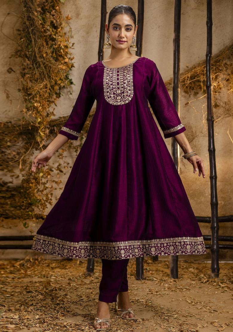 Purple Lace Work Silk Kurta Set - Indya