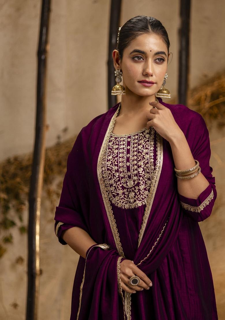 Purple Lace Work Silk Kurta Set - Indya