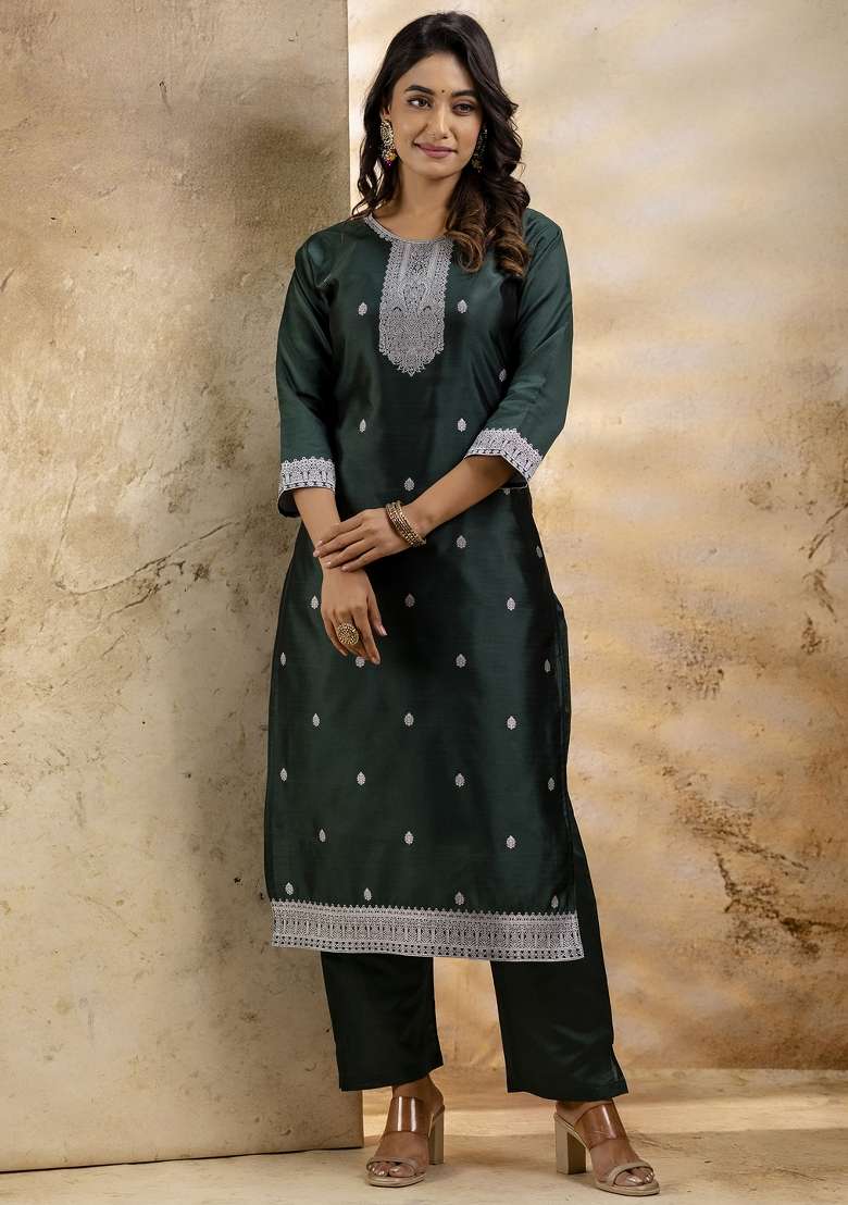 Green Embroidered Cotton Kurta Set - Indya