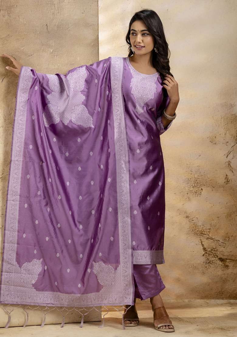 Lavender Embroidered Cotton Kurta Set - Indya