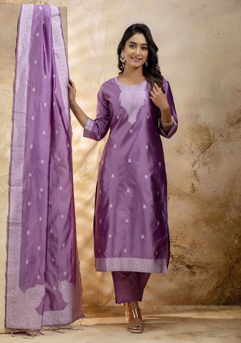 Lavender Embroidered Cotton Kurta Set - Indya
