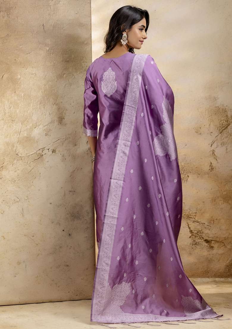 Lavender Embroidered Cotton Kurta Set - Indya