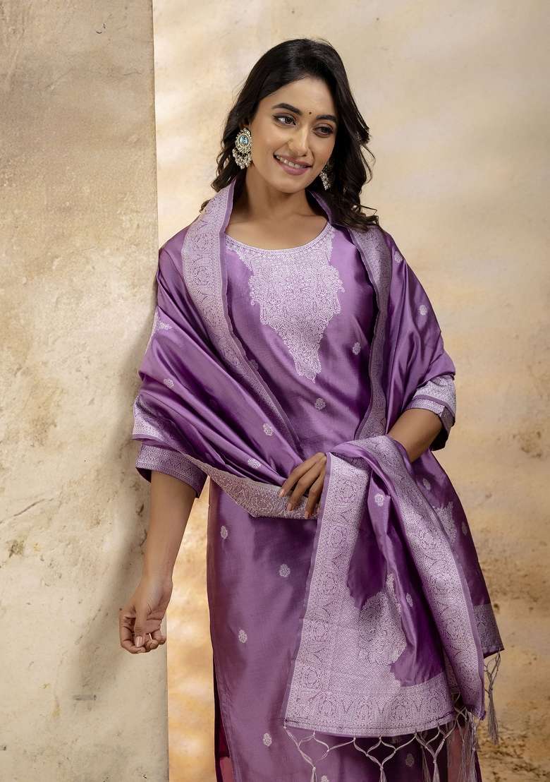 Lavender Embroidered Cotton Kurta Set - Indya
