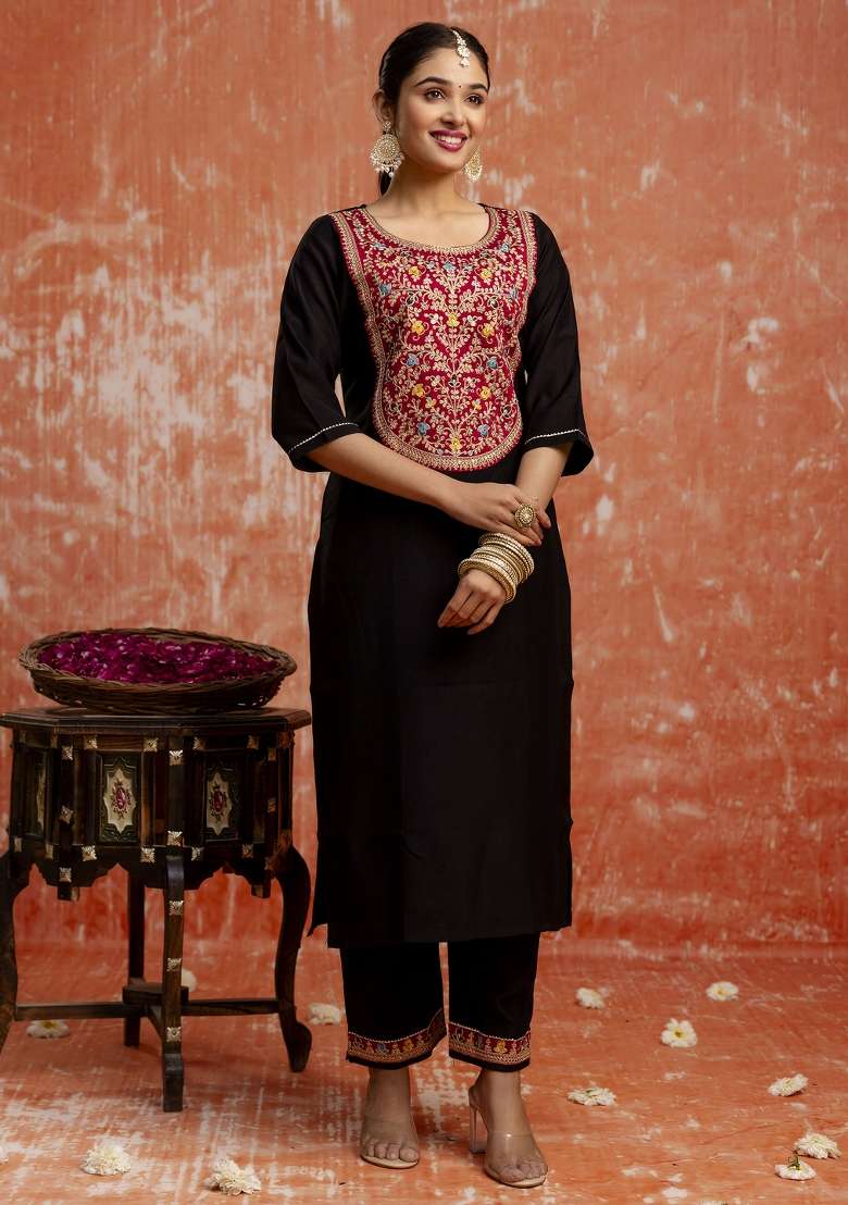 Black Embroidered Viscose Kurta Set - Indya