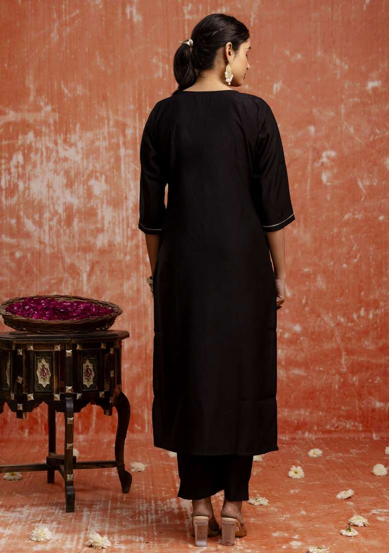 Black Embroidered Viscose Kurta Set - Indya
