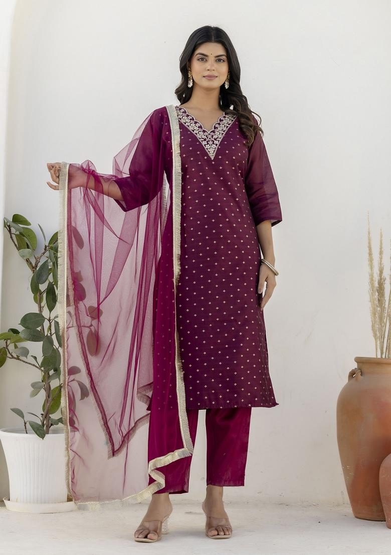 Purple Lace Work Silk Kurta Set - Indya