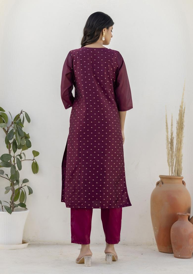 Purple Lace Work Silk Kurta Set - Indya