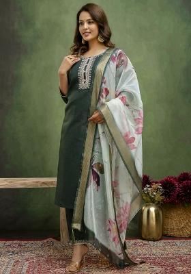 Green Printed Cotton Kurta Set