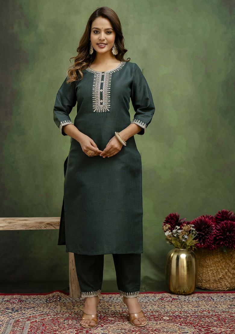 Green Printed Cotton Kurta Set - Indya