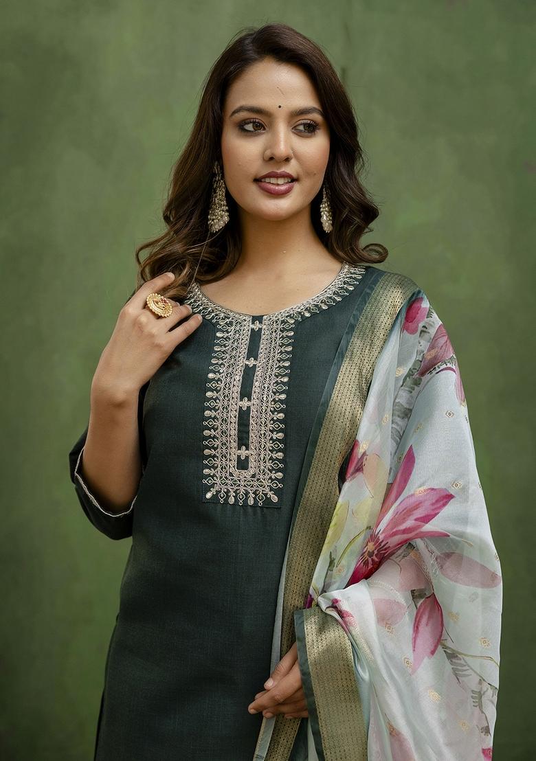 Green Printed Cotton Kurta Set - Indya