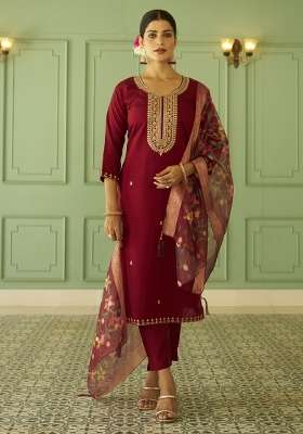 Maroon Printed Silk Kurta Set