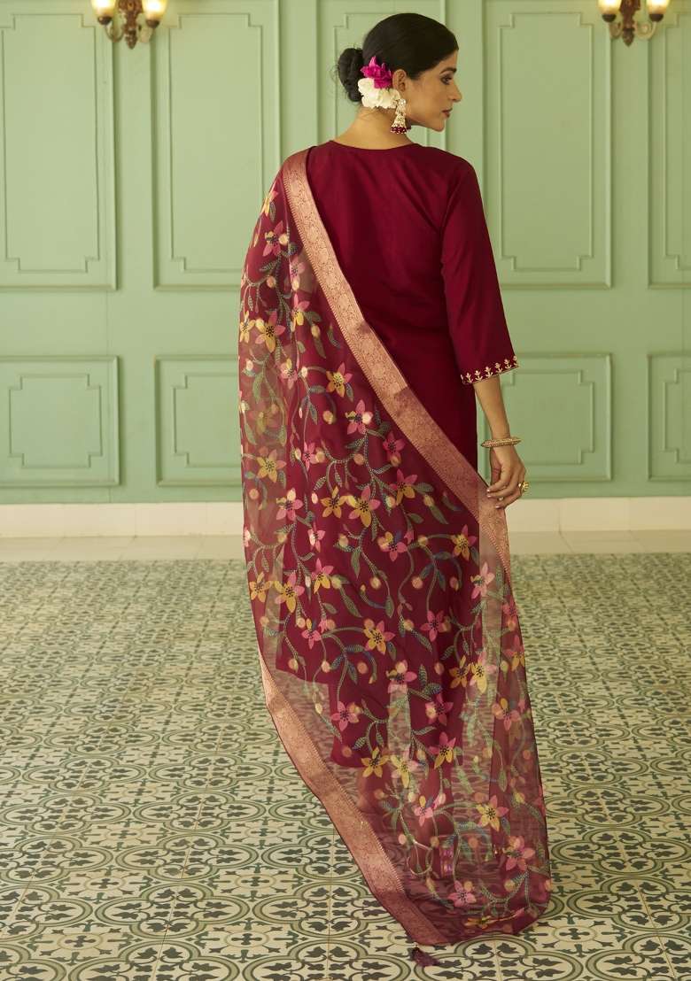 Maroon Printed Silk Kurta Set - Indya