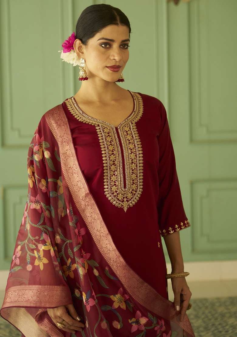 Maroon Printed Silk Kurta Set - Indya