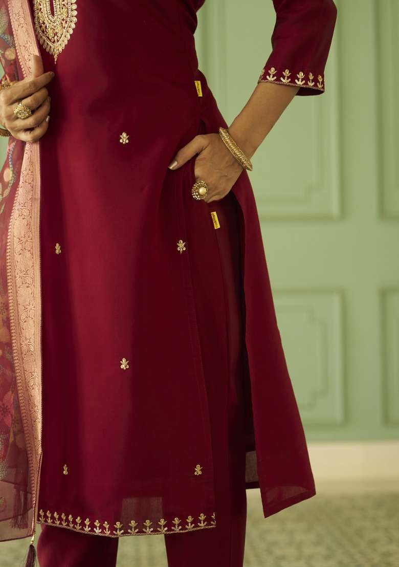 Maroon Printed Silk Kurta Set - Indya
