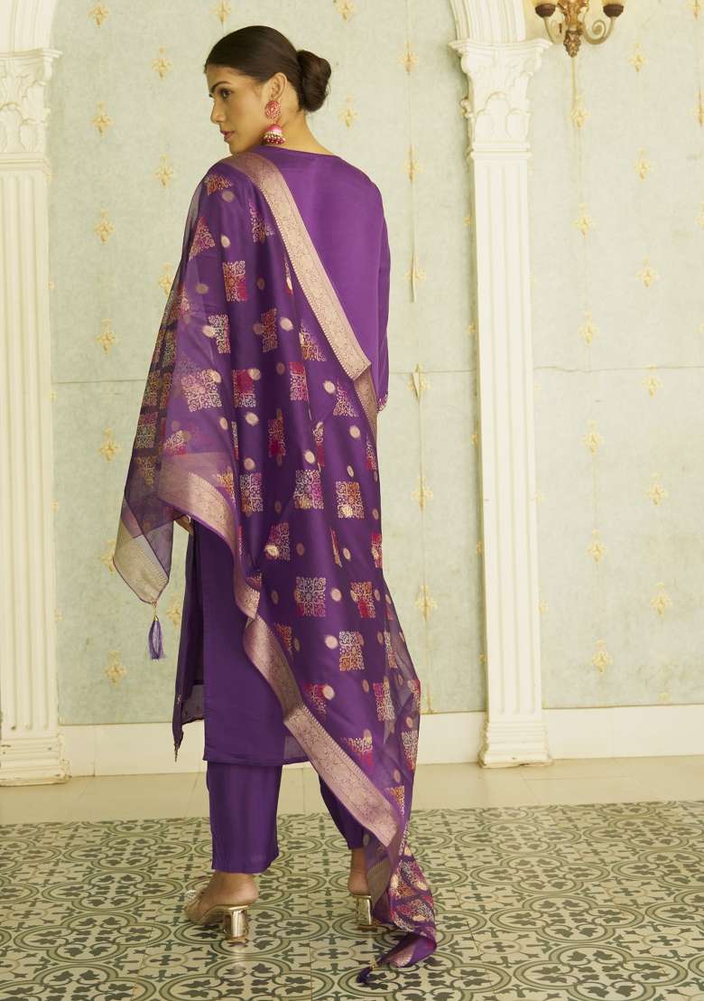 Purple Printed Silk Kurta Set - Indya