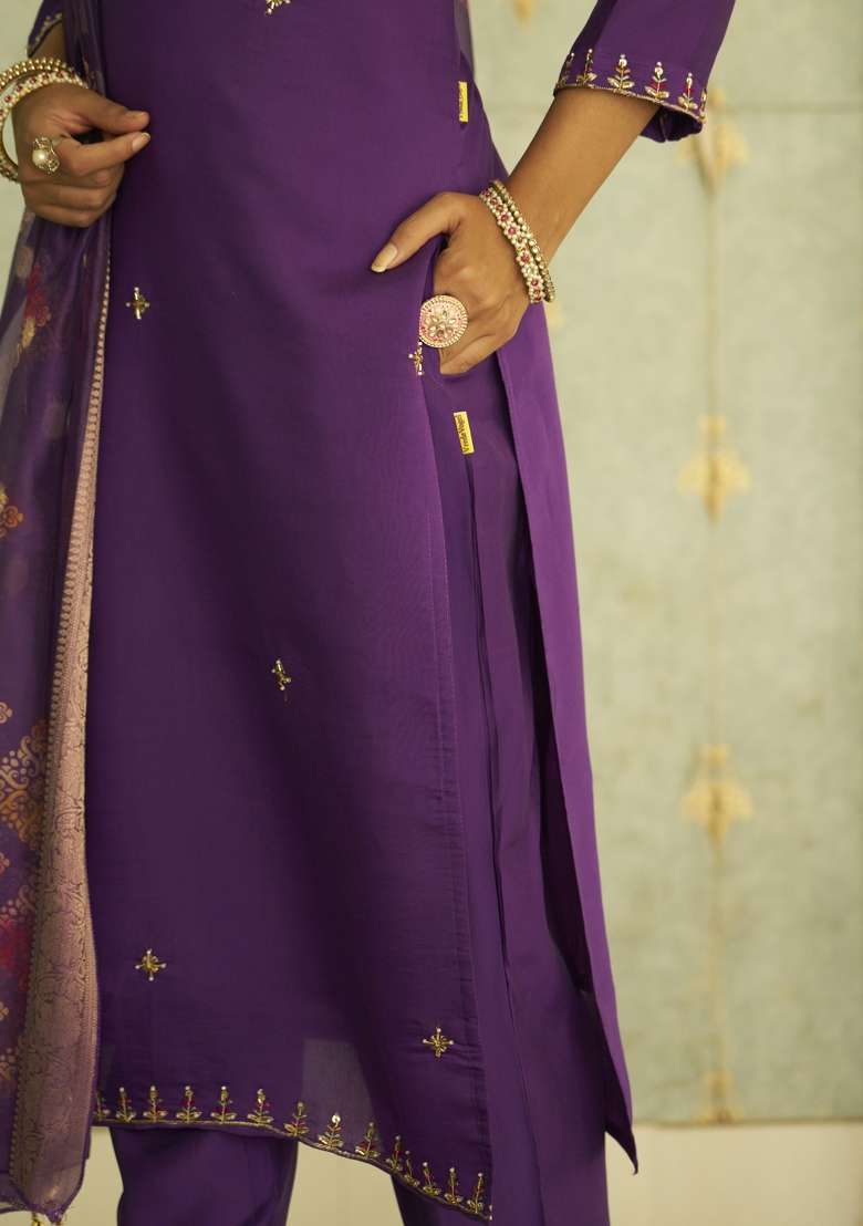 Purple Printed Silk Kurta Set - Indya