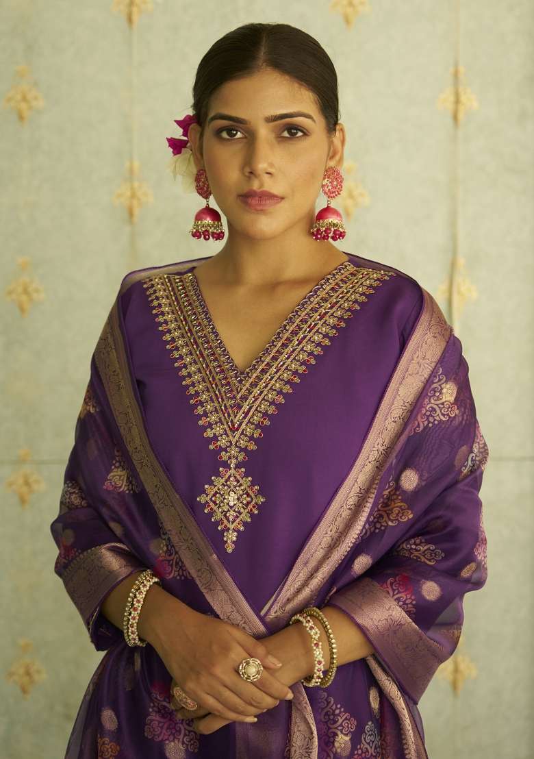 Purple Printed Silk Kurta Set - Indya