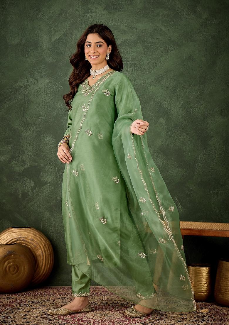 Pista Embroidered Silk Kurta Set - Indya