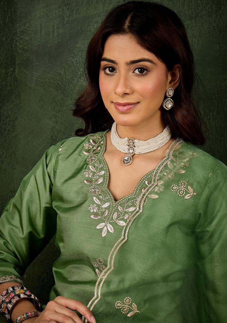 Pista Embroidered Silk Kurta Set - Indya