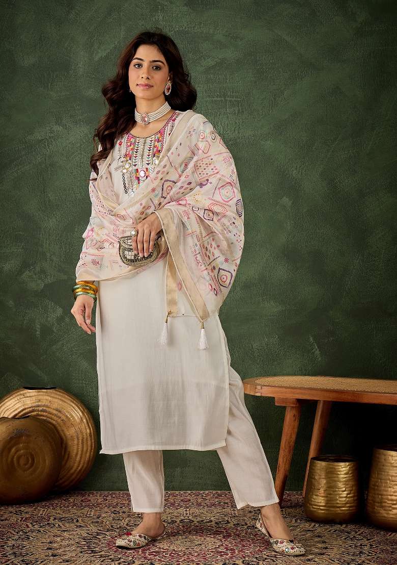 White Printed Silk Kurta Set - Indya