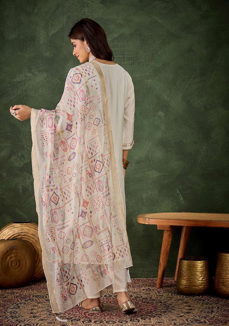 White Printed Silk Kurta Set - Indya