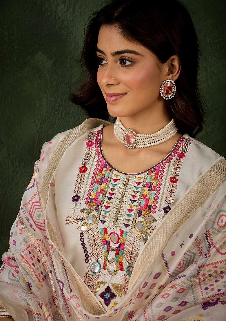 White Printed Silk Kurta Set - Indya