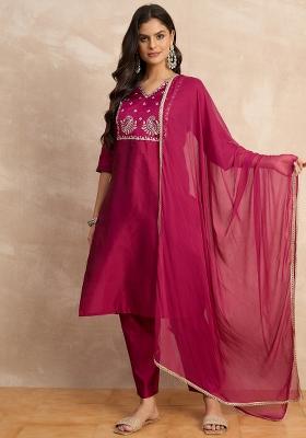 Purple Lace Work Silk Kurta Set