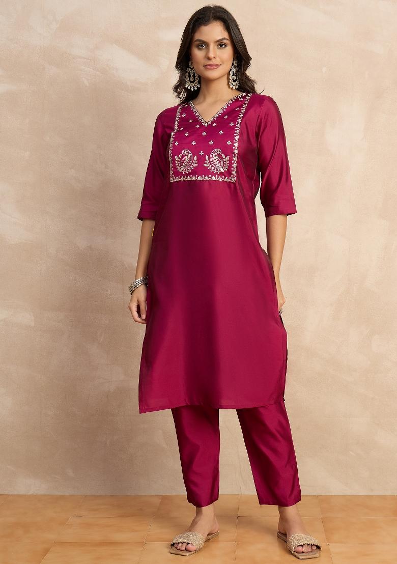 Purple Lace Work Silk Kurta Set - Indya