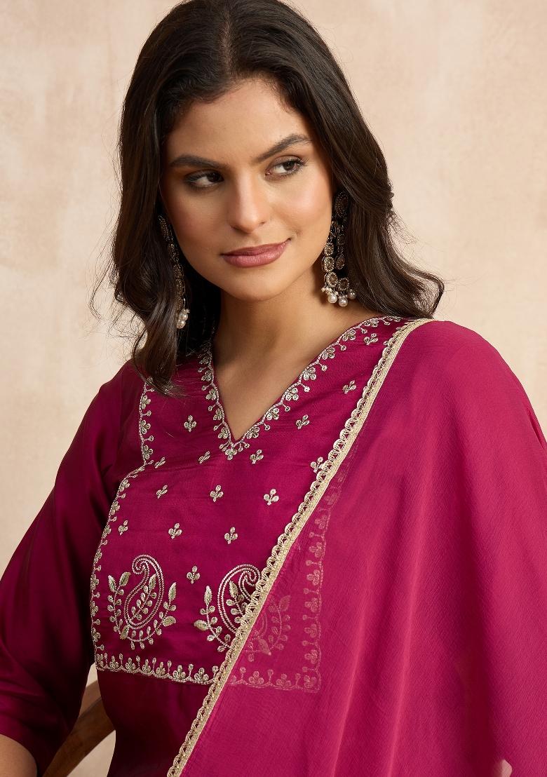 Purple Lace Work Silk Kurta Set - Indya