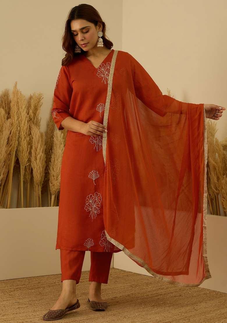 Rust Lace Work Silk Kurta Set - Indya