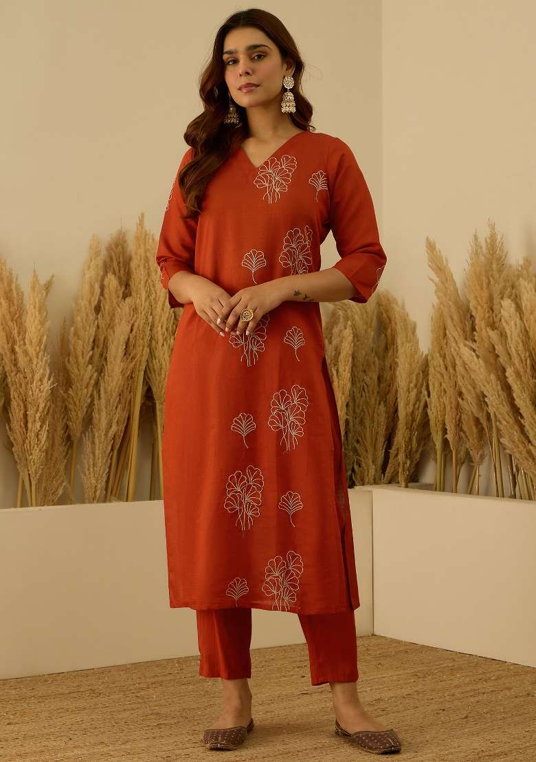 Rust Lace Work Silk Kurta Set - Indya