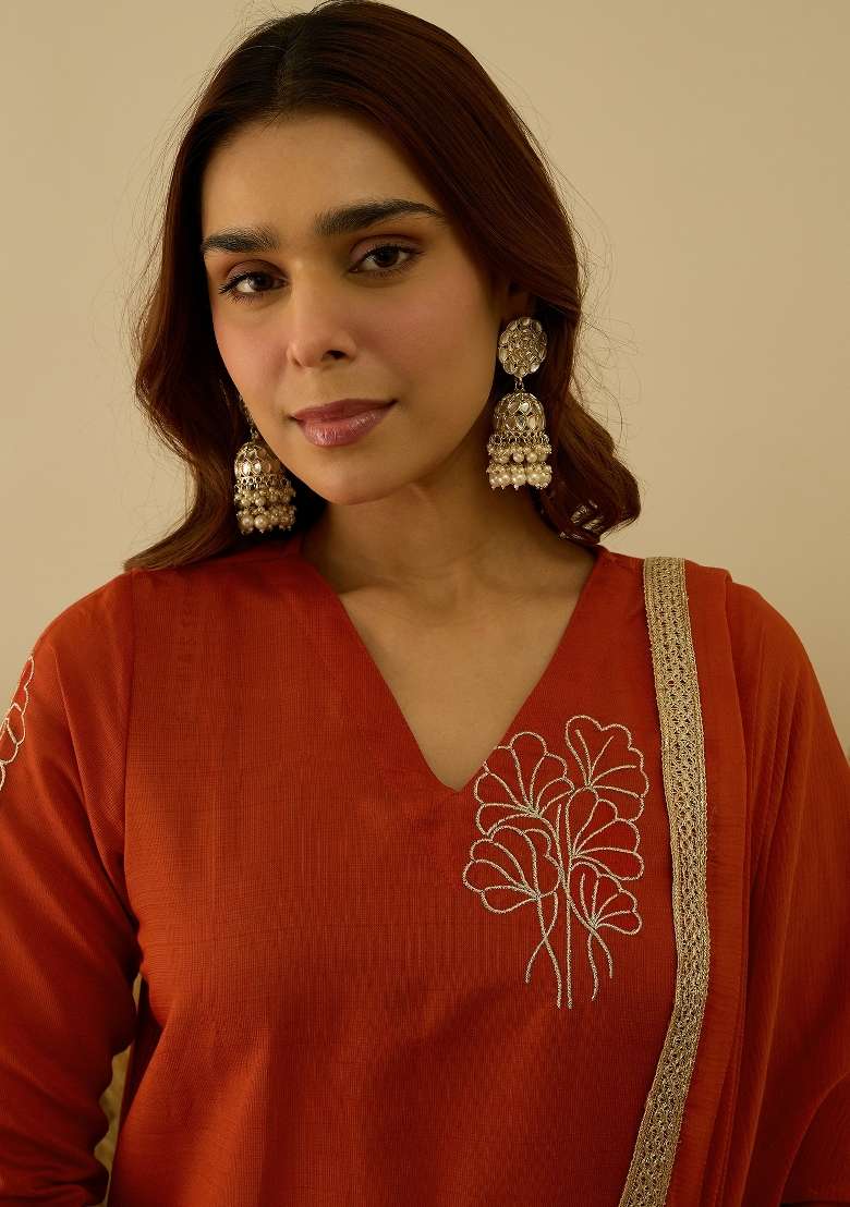 Rust Lace Work Silk Kurta Set - Indya