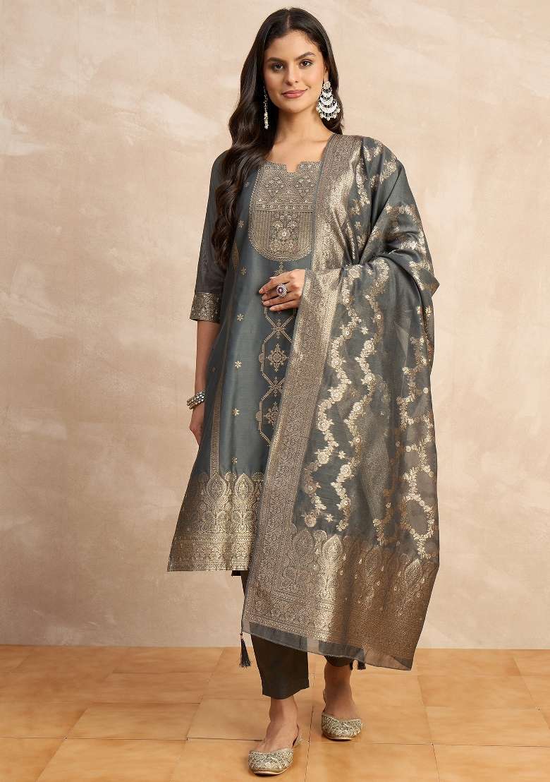 Grey Zari Work Silk Kurta Set - Indya